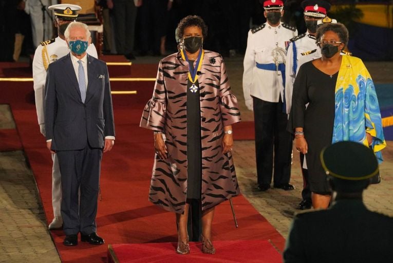 Prince Charles, Sandra Mason, president of Barbados and Mia Mottley, prime minister, take part in a ceremony to mark the country’s transition to a republic. 