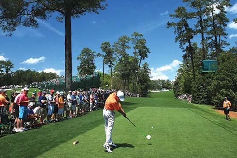 Teeing off at the 18th hole at Augusta National