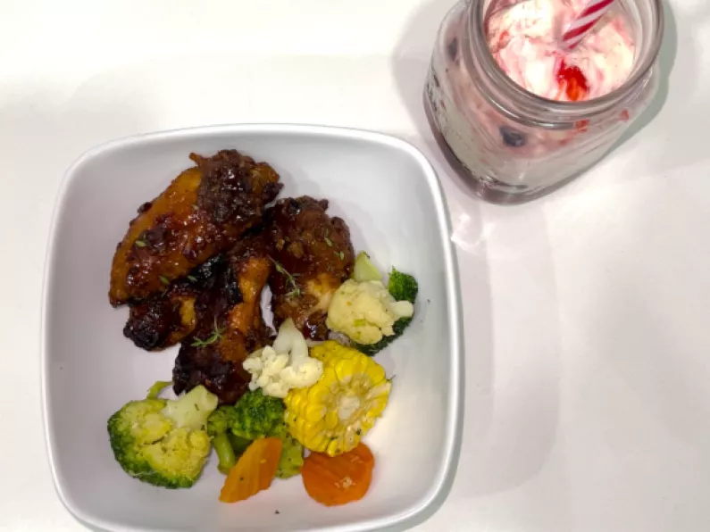 Sticky red wine glazed wings with garden veggies and a red wine berry float