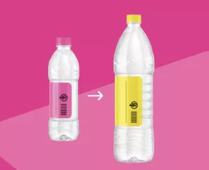 Re-turn bottle sizes, showing bottles of 150ml and 3L with the re-turn logo on them