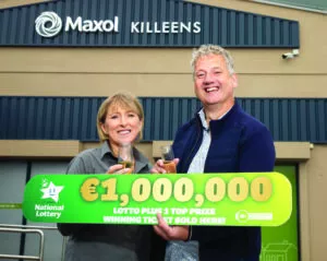 Store owners Tony and Sarah Butler pictured during the celebrations after the National Lottery held a special event at a family run service station to celebrate last Saturday’s Lotto Plus 1 top prize win of €1 million.