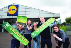 Pictured at the Lidl Store in Killarney on Tuesday are Lidl Store Manager Stephen O'Connell, staff members Mairead McKenna, Beata Bak and Jason Maye celebrating with Sarah Ruane (centre) from The National Lottery after selling the winning ticket.