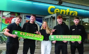 Staff at the Centra store in Rochestown, Co Cork were thrilled to hear that they sold the €1 million winning ticket in the 9pm draw on Thursday 23rd May. Staff at the store are pictured here celebrating the win from left: Stephen O’Shaughnassy, Michael Nason, Sarah Ruane, National Lottery; Dylan Burke and Adam Murphy 