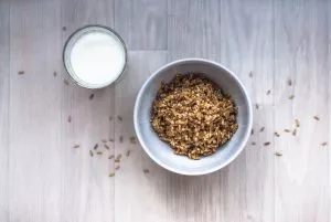 A bowl of oats with a glass of milk beside it