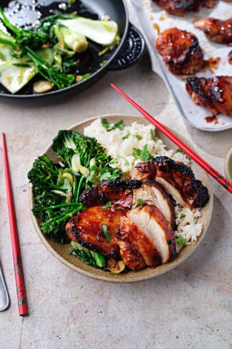 Char Siu Chicken with Rice & Garlic Greens | DonalSkehan.com