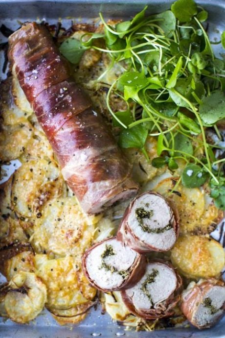 Cheat’s Porchetta Pork Loin, Parmesan Crusted Potatoes & Watercress Salad | DonalSkehan.com, A quick cook, cheat's version of the classic slow cooked porchetta. 