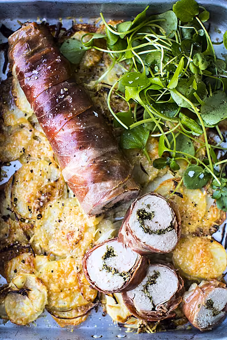Cheat’s Porchetta Pork Loin, Parmesan Crusted Potatoes & Watercress Salad | DonalSkehan.com, A quick cook, cheat's version of the classic slow cooked porchetta. 