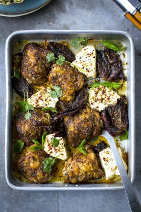 Ras El Hanout Chicken Thighs with Baked Feta & Shaved Salad | DonalSkehan.com, Roast chicken but not as you know it! 