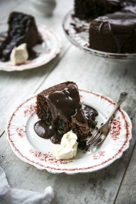 Dark Chocolate Polenta Cake with Salted Caramel Sauce | DonalSkehan.com, Make this decadent gluten-free chocolate cake for your next dinner party and watch it disappear in front of your eyes!