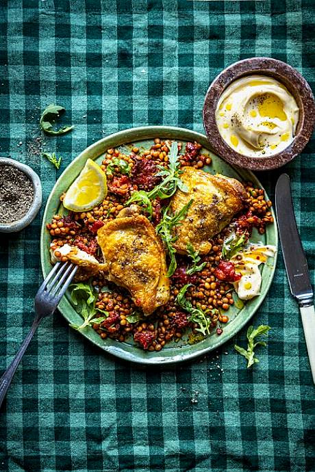 Spiced Chicken with Chorizo Lentils | DonalSkehan.com