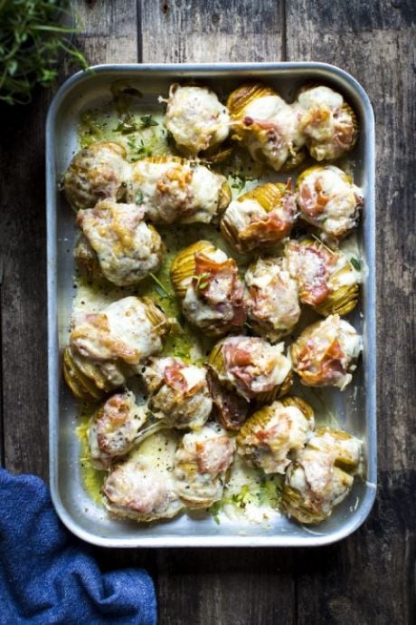 Croque Monsieur Hasselback Potatoes | DonalSkehan.com, Up your hasselback potato game with oozy cheese sauce and crispy ham.