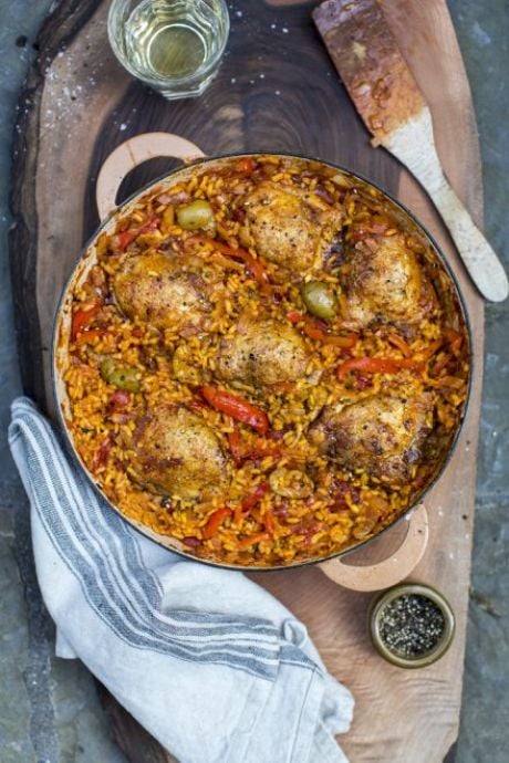 Arroz Con Pollo – Chicken & Rice | DonalSkehan.com, An aromatic Spanish rice dish, with peppers, onions and succulent, golden brown chicken thighs.