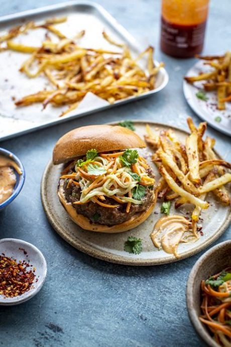 Pork Banh Mi Burger with Garlic & Chilli Skinny Fries | DonalSkehan.com