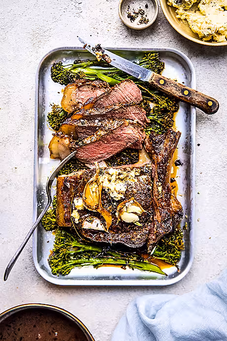 Pan Fried Rib Eye with Blue Cheese Butter & Greens | DonalSkehan.com