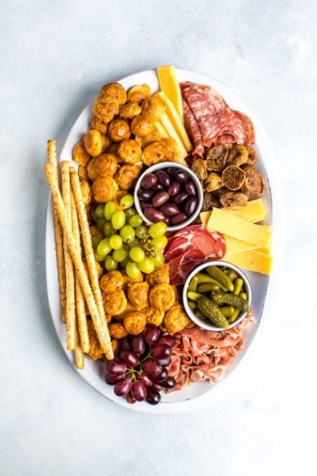 Cheesy Gougere Platter with Charcuterie | DonalSkehan.com, Fluffy, little cheese pastries arranged on a platter full of savoury treats!