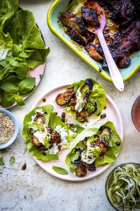 Gochujang Pork Belly Strips with Lettuce Leaves & Cucumber | DonalSkehan.com