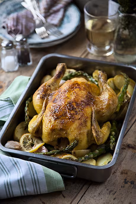 One Tray White Wine Chicken Roast with Zesty Potatoes and Asparagus | DonalSkehan.com, My go to recipe for a classic roast chicken. 