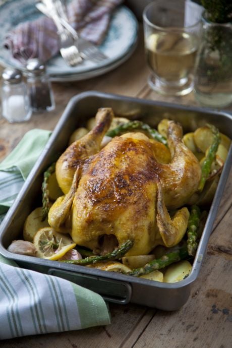 One Tray White Wine Chicken Roast with Zesty Potatoes and Asparagus | DonalSkehan.com, My go to recipe for a classic roast chicken. 