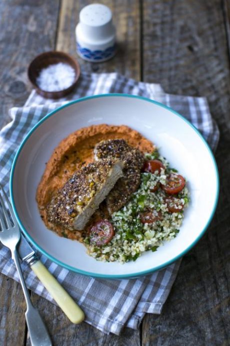 Dukkah Pork with Roast Red Pepper Hummus & Tabbouleh | DonalSkehan.com, This recipe elevates the humble chop and is a great new addition to your family supper repertoire!
