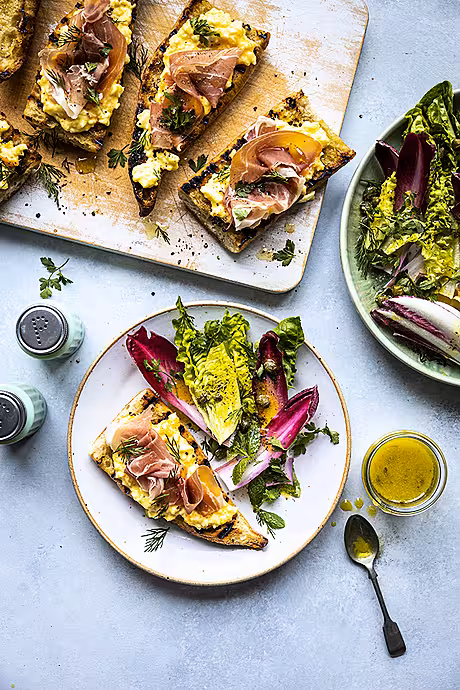 Egg Salad Tartines with Prosciutto & Picked Herbs | DonalSkehan.com