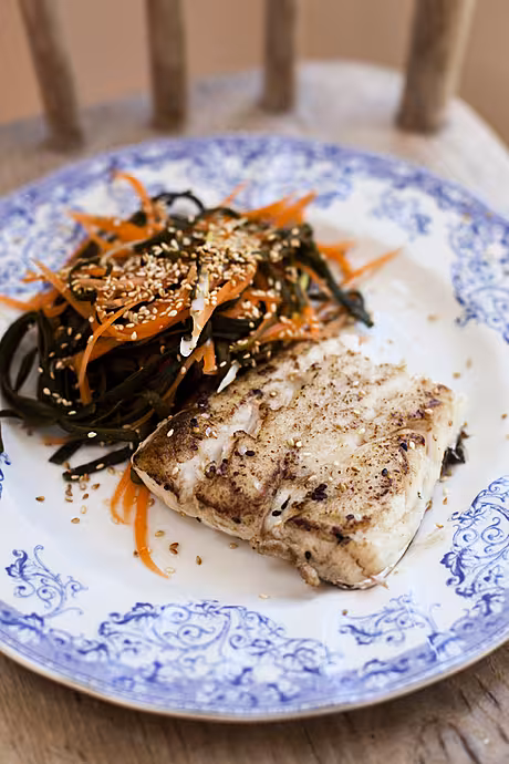 Pan Fried Hake with Carrot and Sea Spaghetti Salad | DonalSkehan.com, A fresh, healthy fish supper. 