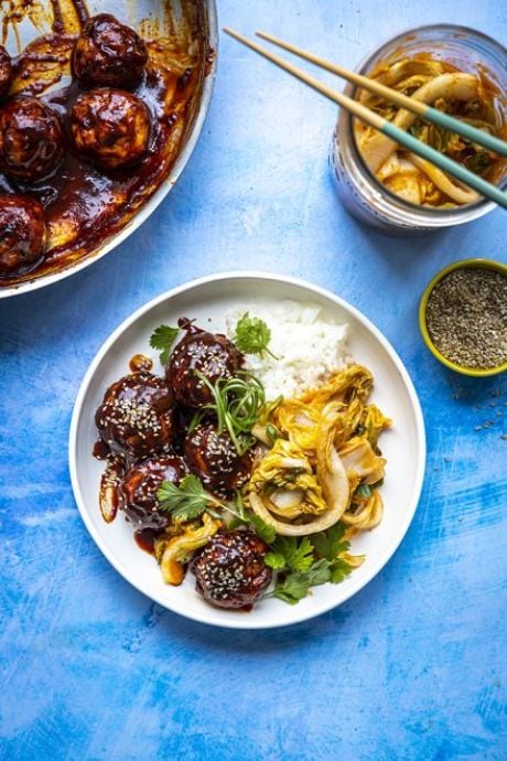 Gochujang Chicken Meatballs with Cheats Kimchi Cabbage Salad | DonalSkehan.com