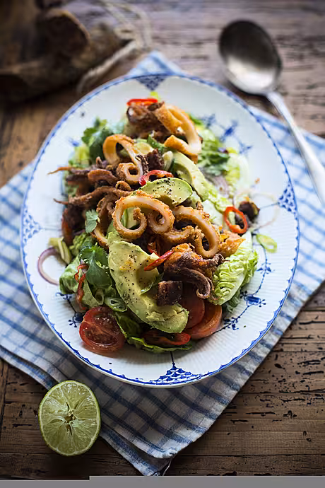 Crispy Squid & Chorizo Salad with Deconstructed Guacamole | DonalSkehan.com, Delicious summer starter, perfect for sharing. 