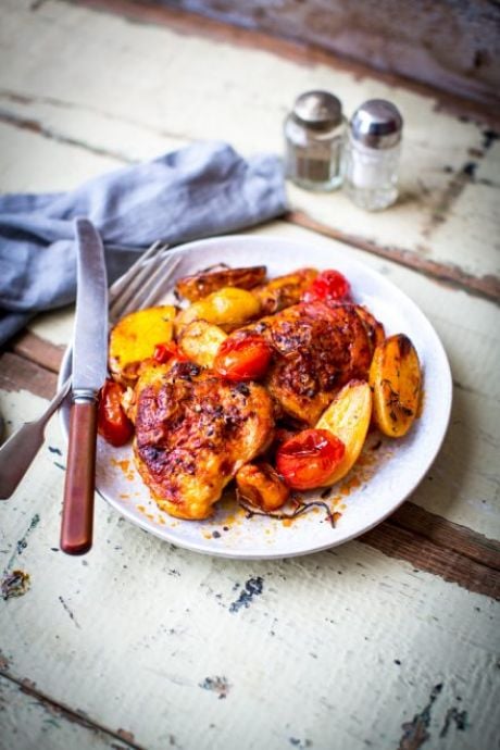 Harissa Chicken with Potatoes, Tomatoes & Thyme | DonalSkehan.com, A quick chicken dinner that packs a flavour punch!