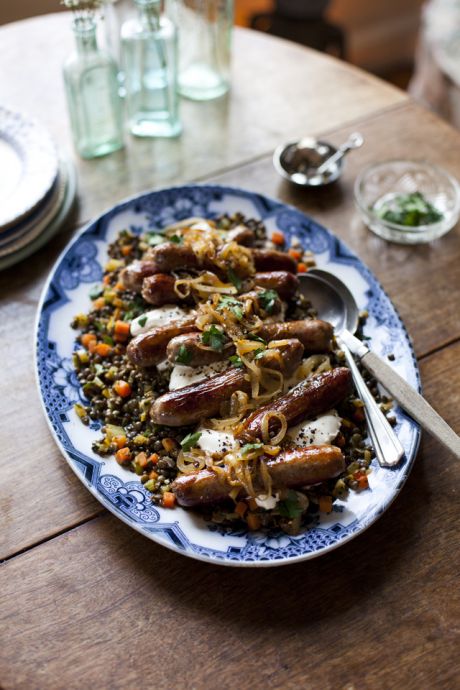 Lamb Sausages with Spiced Lentils, Caramalised Onions and Crème fraîche | DonalSkehan.com, A new take on bangers & mash! 