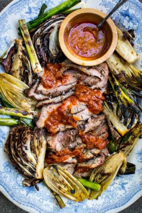 Orange Harissa BBQ Lamb with Charred Greens | DonalSkehan.com, Really impressive and simple main for your summer BBQ party!