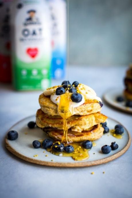 Oats & Blueberry Pancakes | DonalSkehan.com, A fluffy  pancake recipe made with a healthy dose of oat beverage and oat flour.