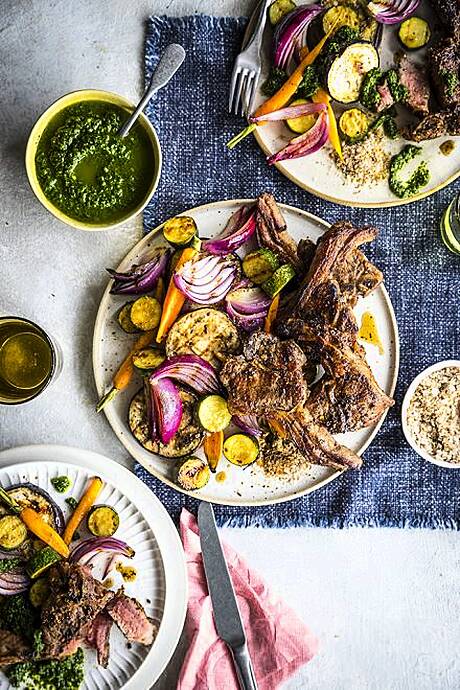 BBQ Lamb Chop Platter with Grilled Vegetables and Cumin Salt & Fiery Herb Salsa | DonalSkehan.com