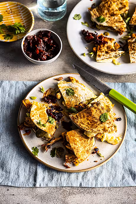 Spicy Turkey and Brie Quesadillas with Pantry Salsa | DonalSkehan.com