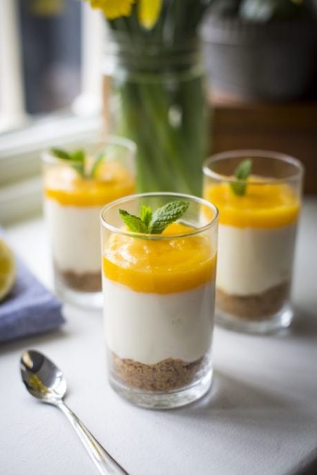 Mini Lemon Curd Cheesecakes | DonalSkehan.com, These zingy no-bake cheesecakes take no time to set and can be made in advance as a stress-free dinner party dessert.