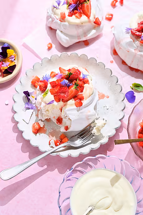 Sweet Meringue Clouds with Sweetened Cream, Berries & Flowers | DonalSkehan.com
