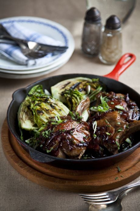 Maple Pork Chops With Griddled Baby Gem Lettuce | DonalSkehan.com, Liven up a plain old pork chop with this sweet & sticky glaze! 