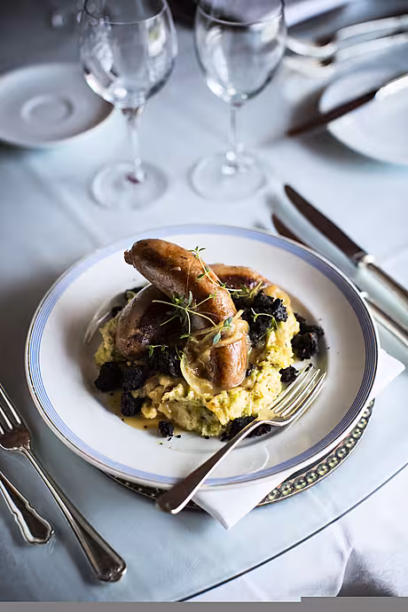 Apple Bangers with Parsnip & Leek Mash, Cider Gravy & Black Pudding Crumble | DonalSkehan.com, Celebrating Irish artisan ingredients.