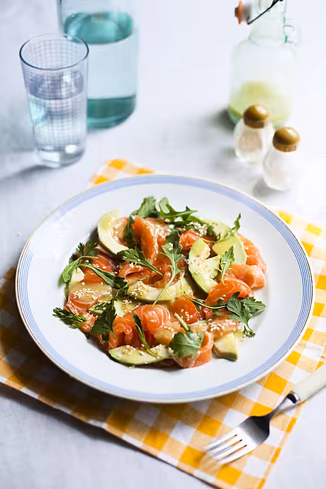Salmon, Avocado & Rocket Salad with a Wasabi Dressing | DonalSkehan.com, An incredibly light and bright salad and makes an ideal treat if you’re dining solo.