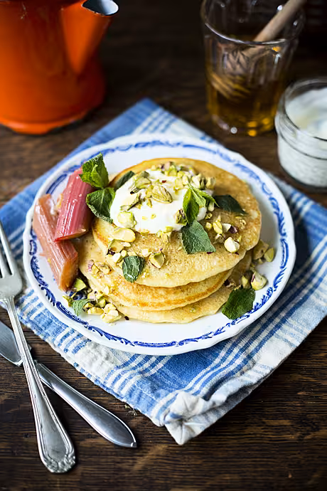 Semolina Pancakes with Slow Roasted Rhubarb | DonalSkehan.com