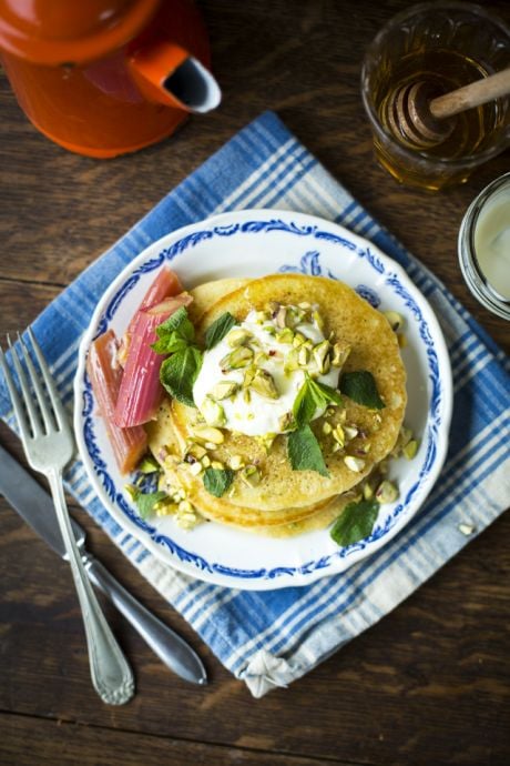 Semolina Pancakes with Slow Roasted Rhubarb | DonalSkehan.com, A vibrant and fresh take on classic pancakes.