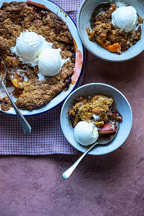 Roast Vanilla Stone Fruit & Caramel Cobbler Crisp | DonalSkehan.com