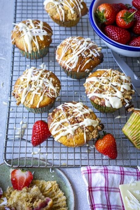 Roasted Strawberry & White Chocolate Streusel Muffins | DonalSkehan.com