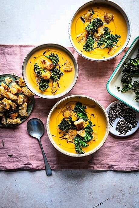 Silky Smooth Sweet Potato Soup with Airfryer Kale Chips & Rosemary Croutons | DonalSkehan.com