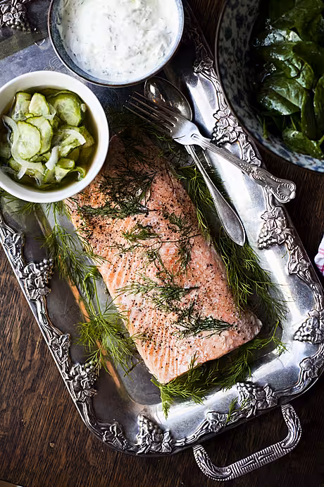 Poached Salmon with Cucumber Pickle and Dill Creme Fraiche | DonalSkehan.com, Amazing Scandinavian inspired Christmas dish.