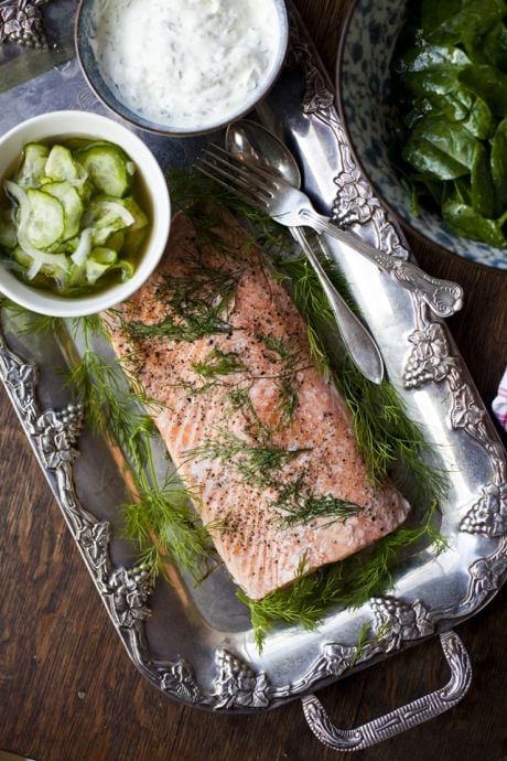 Poached Salmon with Cucumber Pickle and Dill Creme Fraiche | DonalSkehan.com, Amazing Scandinavian inspired Christmas dish.