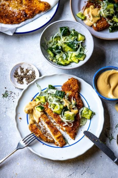 Pork Schnitzel with Pickled Smashed Cucumbers | DonalSkehan.com