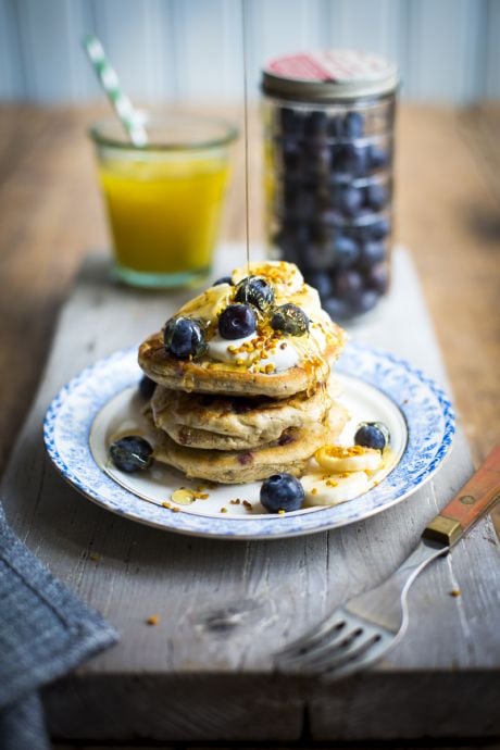 Gluten-free Pancakes with Blueberry, Banana and Honey | DonalSkehan.com, A fluffy American-style gluten-free pancake recipe made with oat flour.