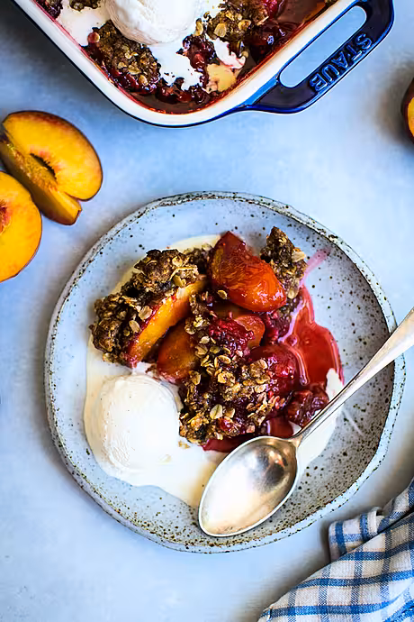 Peach & Raspberry Oat Crumble | DonalSkehan.com, A Summer crumble recipe made with two of the season's most delicious fruits.