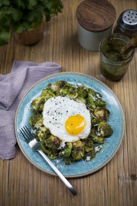 Fried Eggs with Brussel Sprouts & Pesto | DonalSkehan.com, A surprisingly delicious combo!