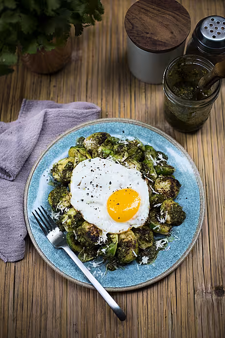 Fried Eggs with Brussel Sprouts & Pesto | DonalSkehan.com, A surprisingly delicious combo!